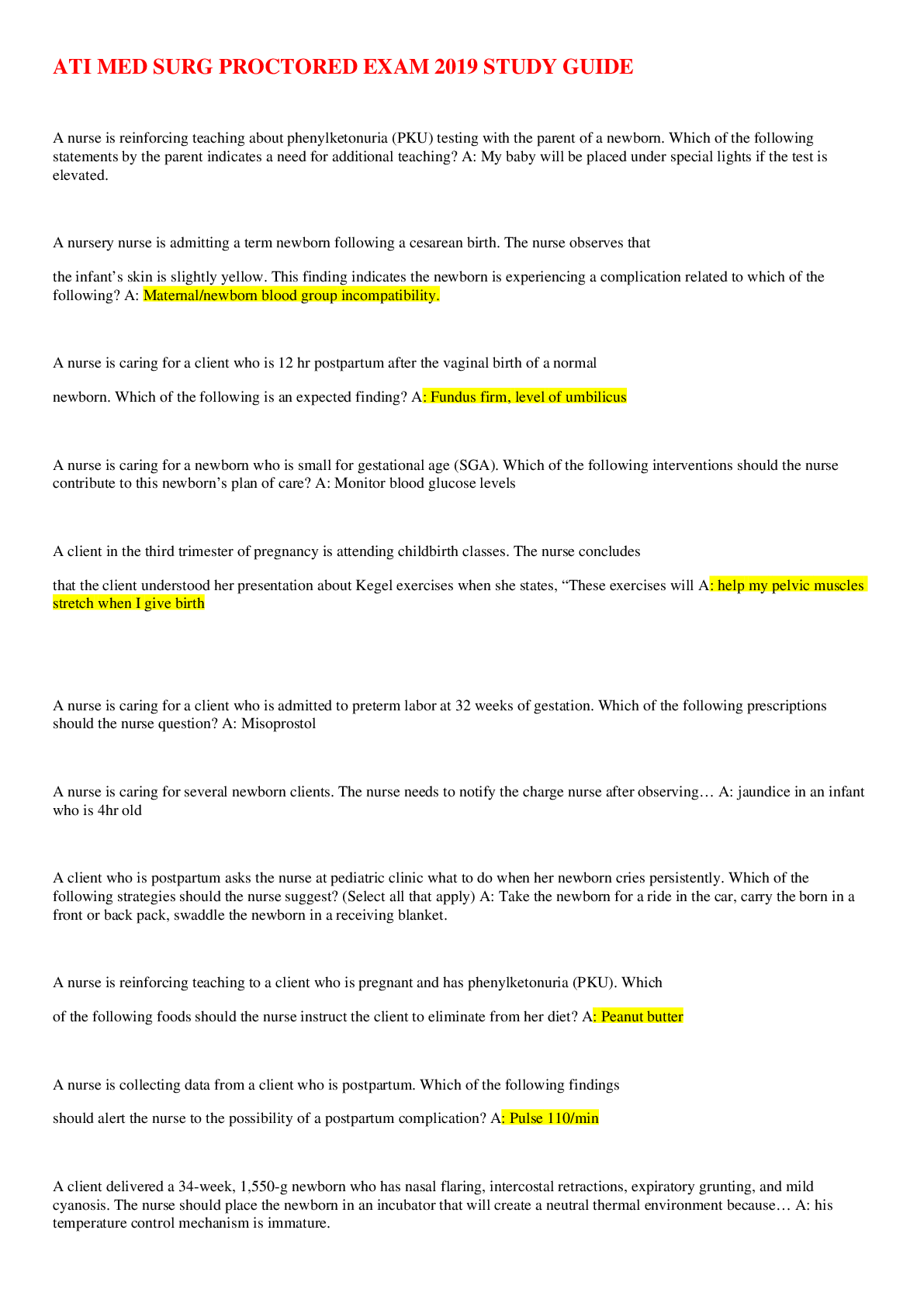 Preview image of ATI MED SURG PROCTORED EXAM 2019 STUDY GUIDE document